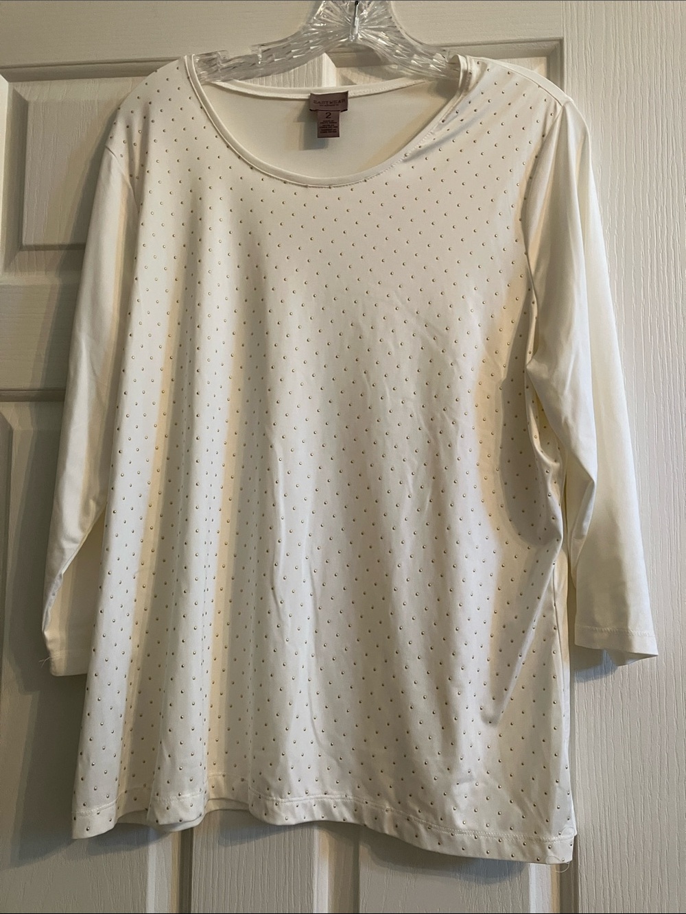 Chico's Cream Long-Sleeve Scoop Neck Top with Metallic Studs